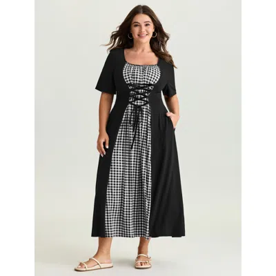 Bloomchic Women's Plus Size Checkered Layered Cross-tie Maxi Dress Black Plaid Maxi Casual Colorblock 10/m