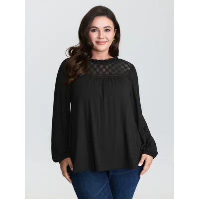 Bloomchic Women's Plus Size Checkered Mesh Ruffled Neckline Knit Top Black Long Sleeve Office Round Neck 12/l