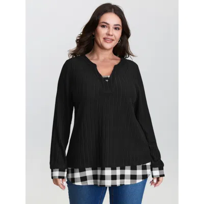 Bloomchic Women's Plus Size Checkered Notched Collar Contrast Knit Top Black Long Sleeve Casual V-notch Neck 1