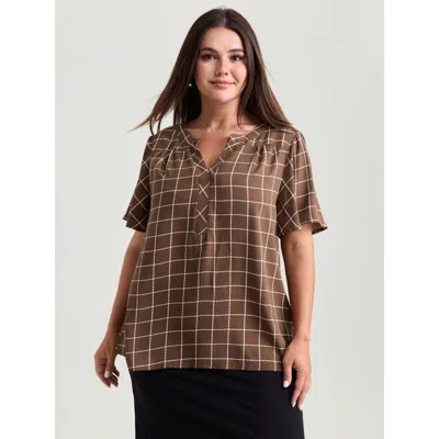 Bloomchic Women's Plus Size Checkered Notched Collar Panel Back Blouse Browncoffeecolor Plaid Office Short Sle