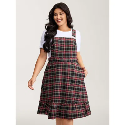 Bloomchic Women's Plus Size Checkered Pattern Overall Pockets Midi Dress Black Plaid Midi Casual Printed 30/6x