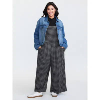 Bloomchic Women's Plus Size Checkered Pattern Pleated Jumpsuit Indigo Casual 14-16/1x In Purple