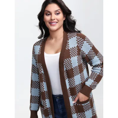 Bloomchic Women's Plus Size Checkered Pattern Pockets Knit Cardigan Browncoffeecolor Long Sleeve 10/m