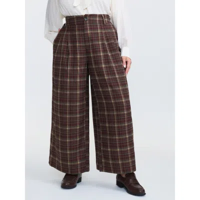 Bloomchic Women's Plus Size Checkered Pattern Pockets Pants Burgundy Plaid Wide Leg Mid Rise Office 12/l