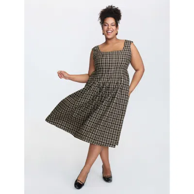 Bloomchic Women's Plus Size Checkered Pattern Shirred Back Midi Dress Darkbrown Plaid Midi Elegant Non 10/m In Brown
