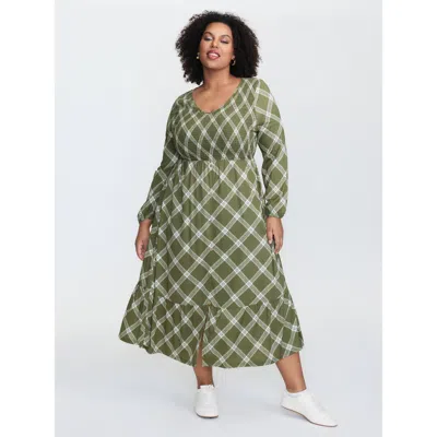 Bloomchic Women's Plus Size Checkered Pattern Shirred Pockets Midi Dress Sage Plaid Midi Casual Shirred 12/l In Green