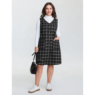 Bloomchic Women's Plus Size Checkered Pinafore Pattern Sleeveless Mini Dress Black Plaid Midi Casual Button Fr