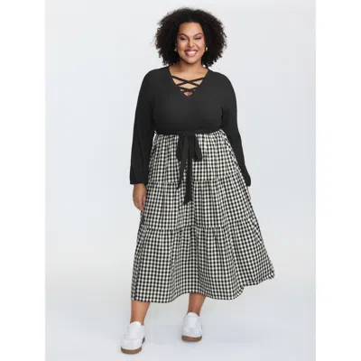 Bloomchic Women's Plus Size Checkered Print Color Contrast Waist-tie Midi Dress Black Plaid Midi Casual Patchw