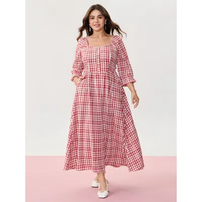 Bloomchic Women's Plus Size Checkered Print Pockets Button Maxi Dress Crimson Plaid Maxi Casual Smocked 10/m In Red