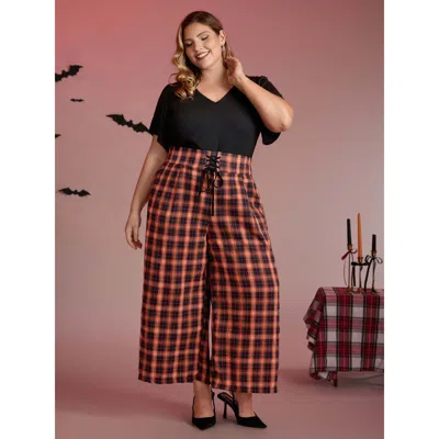 Bloomchic Women's Plus Size Checkered Print Pockets Cross-tie Jumpsuit Orangered Elegant 12/l