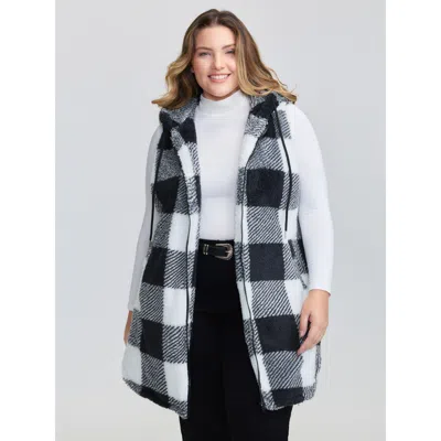Bloomchic Women's Plus Size Checkered Print Reversible Hooded Vest Black 10/m