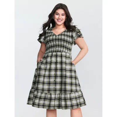 Bloomchic Women's Plus Size Checkered Print Shirred Waist Button Mini Dress Sage Plaid Knee Casual Button 10/m In Green