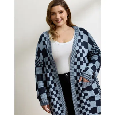 Bloomchic Women's Plus Size Checkered Relaxed-fit Drop Shoulder Cardigan Indigo Long Sleeve 28/5x In Purple