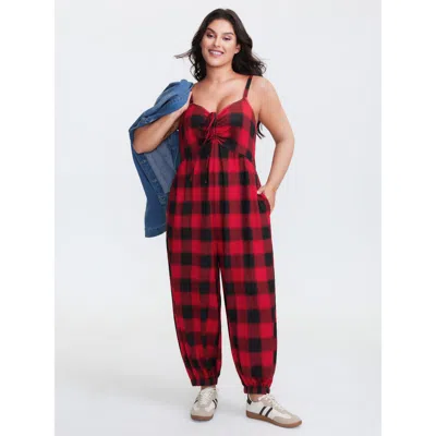 Bloomchic Women's Plus Size Checkered Shirred Drawstring Pockets Jumpsuit Multicolor Casual 12/l