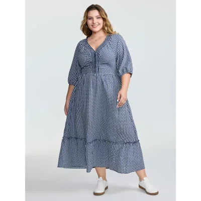 Bloomchic Women's Plus Size Checkered Shirred Pockets Tiered Maxi Dress Darkblue Plaid Maxi Casual 10/m In Blue