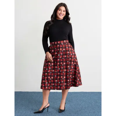 Bloomchic Women's Plus Size Checkered Snowflake Pattern Midi Skirt Deepred Flared Elegant 12/l In Red