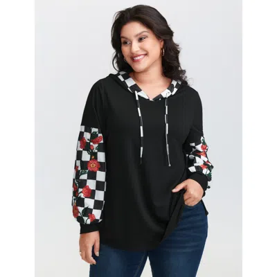 Bloomchic Women's Plus Size Checkered Stretchy Color Contrast Hoodie Black Casual 12/l