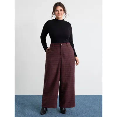 Bloomchic Women's Plus Size Checkered Stretchy Waist Pants Burgundy Plaid Wide Leg Mid Rise Office 10/m