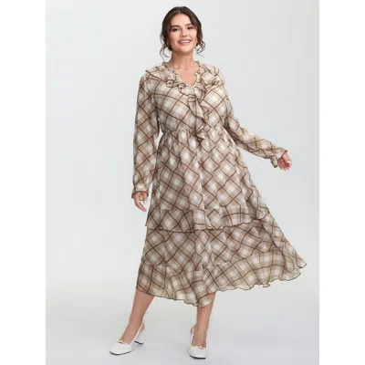 Bloomchic Women's Plus Size Checkered Stretchy Waist Ruffled Maxi Dress Lightbrown Plaid Midi Elegant 10/m In Brown