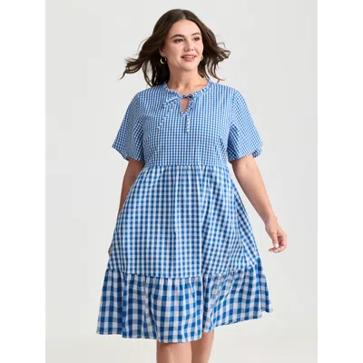 Bloomchic Women's Plus Size Checkered Stripe Flared Sleeve Pockets Mini Dress Mediumblue Plaid Knee Casual Tie