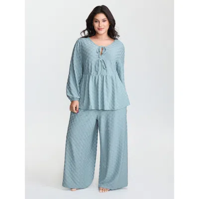 Bloomchic Women's Plus Size Checkered Textured Co-ord Lounge Set Lightblue Solid Long Sleeve Smocked 12/l In Blue