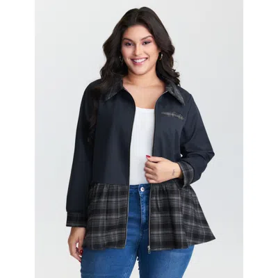 Bloomchic Women's Plus Size Checkered Zipper Front Pockets Jacket Indigo Ruffles Fit & Flare 10/m In Purple