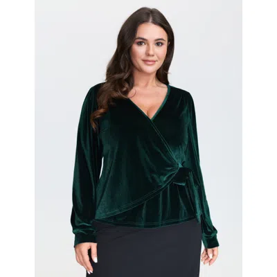 Bloomchic Women's Plus Size Cheerful Velvet Wrap Tie Blouse Darkgreen Solid Elegant Long Sleeve V-neck 10/m In Green