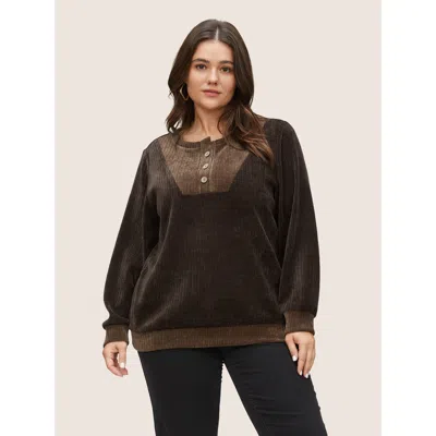Bloomchic Women's Plus Size Chenille Plisse Patchwork Button Detail Sweatshirt Darkbrown Plain Everyday 14-16/ In Brown