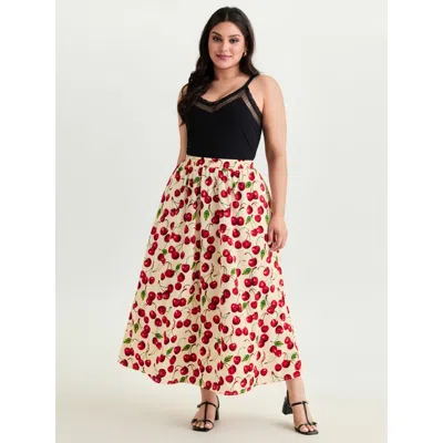 Bloomchic Women's Plus Size Cherry Cute Print Flowy Maxi Skirt Beige Smocked Non Elegant 22-24/3x In Sand