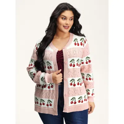 Bloomchic Women's Plus Size Cherry Jacquard Print Button Knit Cardigan Nudepink Long Sleeve 12/l