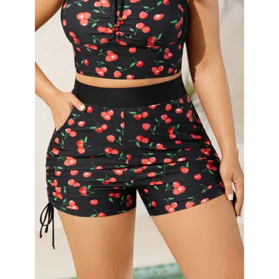 Bloomchic Women's Plus Size Cherry Print Adjustable Drawstring Swim Shorts Black Fruit Short Lace-up Elastic W