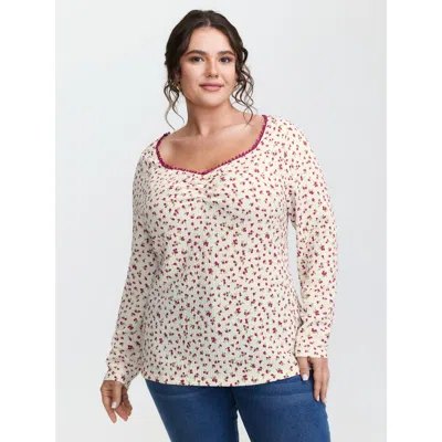 Bloomchic Women's Plus Size Cherry Print Pleated Stretchy T-shirt Ivory Ditsy Floral Elegant Long Sleeve 14-16 In White