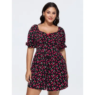 Bloomchic Women's Plus Size Cherry Print Puffy Sleeve Lace Romper Black Elegant Fitted 10/m