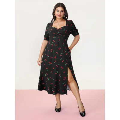 Bloomchic Women's Plus Size Cherry Print Split Hem Midi Dress Black Fruit Midi Elegant Smocked 10/m