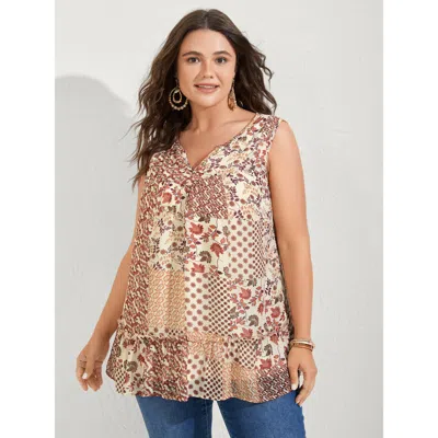 Bloomchic Women's Plus Size Chiffon Boho Collage Flowy Tank Top Apricot Vacation Relaxed Fit Flared V-notch Ne In Orange