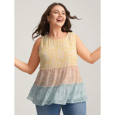 Bloomchic Women's Plus Size Chiffon Color Block Tiered Tank Top Multicolor Elegant Relaxed Fit Babydoll Round 