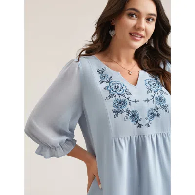 Bloomchic Women's Plus Size Chiffon Embroidery Puff Sleeve Pleated Shirt Lightblue Star & Moon Vacation 3/4 Sl In Blue