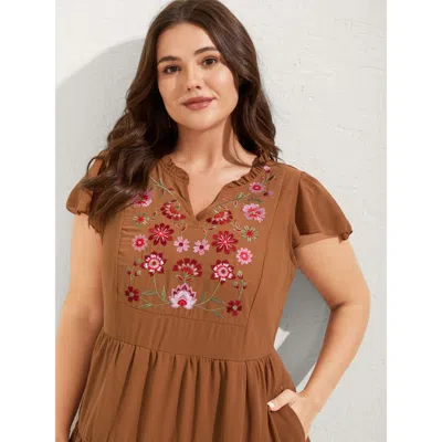 Bloomchic Women's Plus Size Chiffon Floral Embroidered Tiered Midi Dress Bronze Non Short Vacation Embroidered In Brown