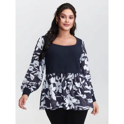 Bloomchic Women's Plus Size Chiffon Floral Layered Square Neck Pullover Indigo Long Sleeve 26/4x In Purple