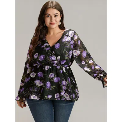Bloomchic Women's Plus Size Chiffon Floral Mesh Wrap Ruffle Hem Blouse Black Going Out Long Sleeve 14-16/1x
