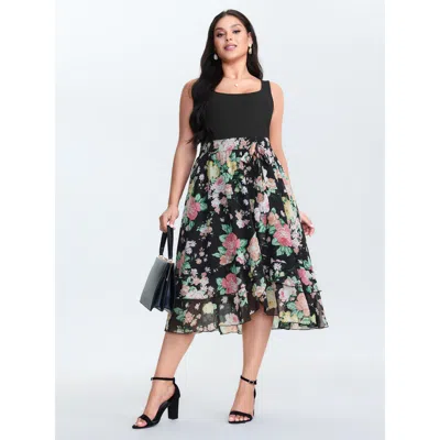 Bloomchic Women's Plus Size Chiffon Floral Pattern Layered Midi Dress Blackflower Floral Midi Elegant Patchwor