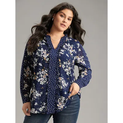 Bloomchic Women's Plus Size Chiffon Floral Polka Dot Patchwork Frill Trim Mesh Blouse Darkblue Dailywear Long  In Blue