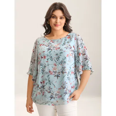Bloomchic Women's Plus Size Chiffon Floral Print Flowy Blouse Lightblue Floral Elegant 3/4 Sleeve Scoop Neck 3 In Blue