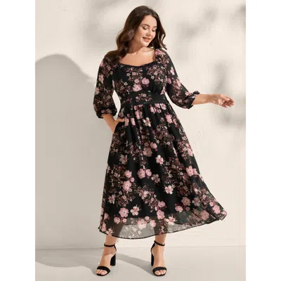 Bloomchic Women's Plus Size Chiffon Floral Print Lace Trim Midi Dress Black Floral Midi Elegant Elastic Waist 