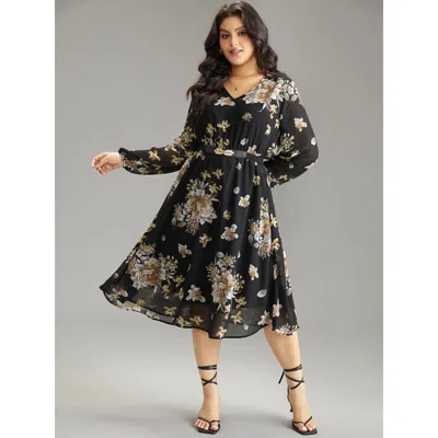 Bloomchic Women's Plus Size Chiffon Floral Print Pocket Mesh Dress Black Dailywear Elastic Cuffs 12/l