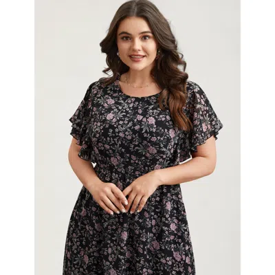 Bloomchic Women's Plus Size Chiffon Floral Print Ruffled Midi Dress Blackflower Elegant Ruffles 30/6x