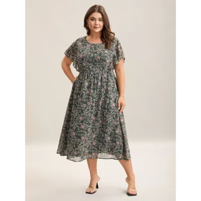 Bloomchic Women's Plus Size Chiffon Floral Print Ruffled Midi Dress Greenbean Elegant Ruffles 30/6x