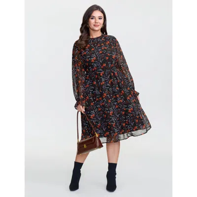 Bloomchic Women's Plus Size Chiffon Floral Print Ruffled Neck Midi Dress Black Ditsy Floral Midi Elegant See T