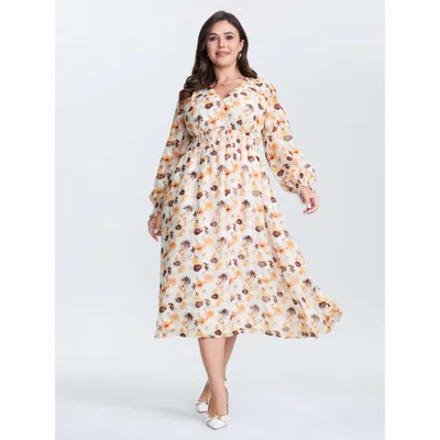 Bloomchic Women's Plus Size Chiffon Floral Print Shirred Waist Midi Dress Whitesmoke Floral Midi Elegant Smock