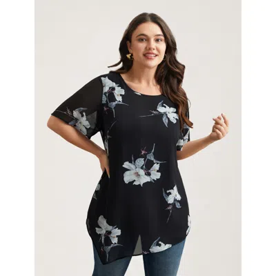 Bloomchic Women's Plus Size Chiffon Floral Round Neck Shirt Black Floral Elegant Short Sleeve Round Neck 12/l